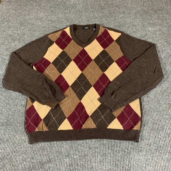 Van Heusen Sweater Mens Extra Large Brown Argyle Diamond Cotton Golf Preppy Y2K - Picture 1 of 12